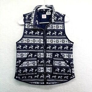 Wanna B Reindeer Vest Womens Small Blue White Fair Isle Zip Front Holiday Winter